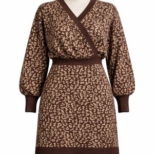 Long Leopard Print Knit Sweater Dress / Tunic – Brown & Beige